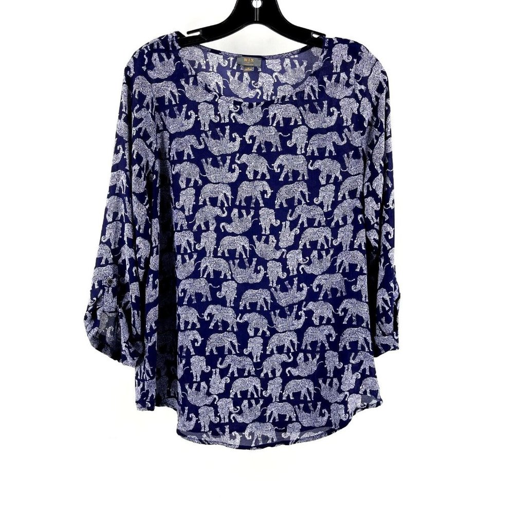 Mix by 41 Hawthorn Navy Blue Elephant Print Long Roll Tab Sleeve Top Shirt Small